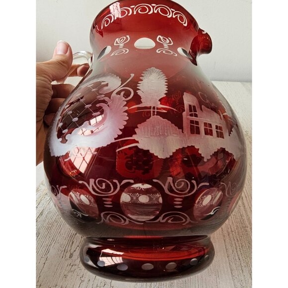 Vintage ergermann Bohemian red cut glass pitcher jug deer stag castle house scen - Picture 4 of 7